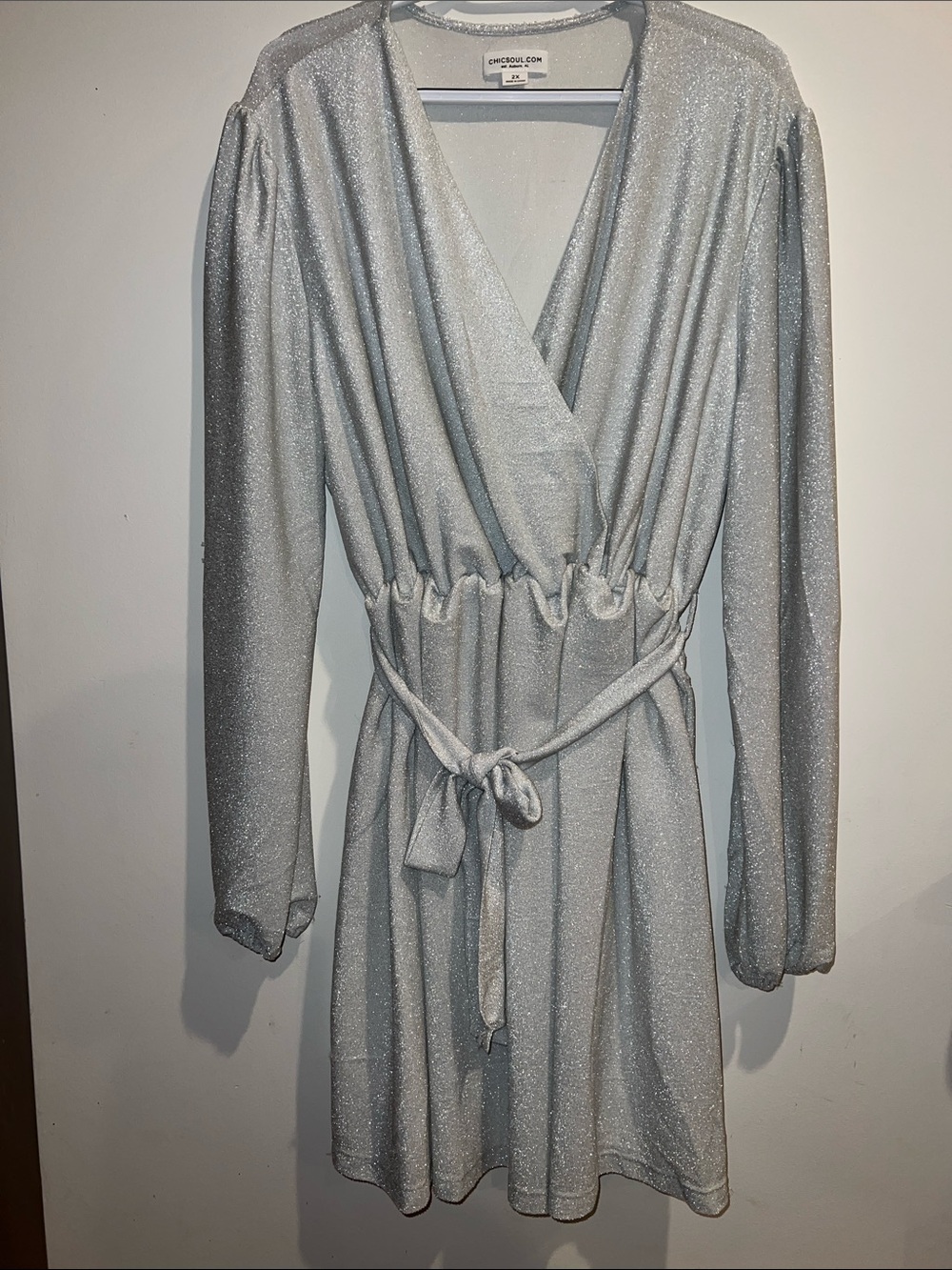Women’s elegant Silver Metallic Long-Sleeve Wrap Dress with Tie Waist